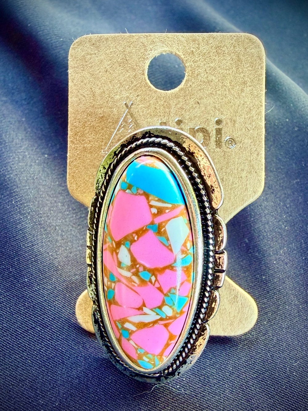 Oval Statement Ring with Pink and Turquoise Mosaic Inlay